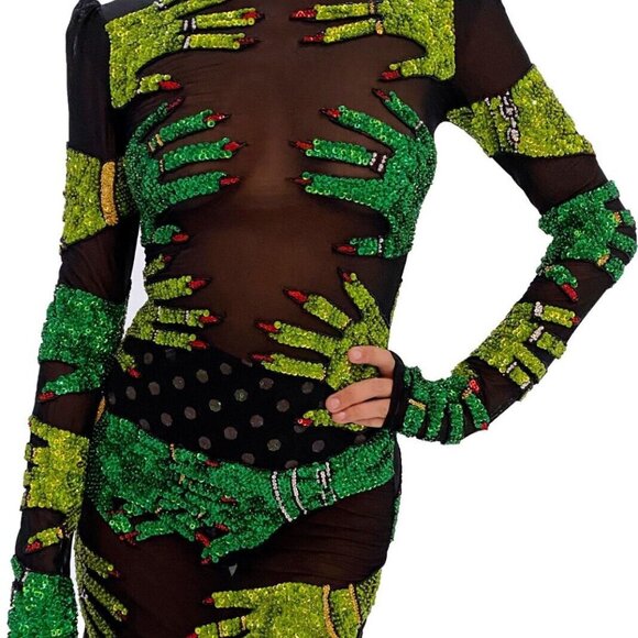 DISCOUNT UNIVERSE ELIXIR GREEN SEQUIN HANDS MINI MESH DRESS RAVE FESTIVAL PARTY - Picture 4 of 11